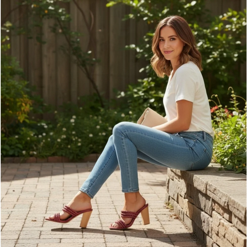 JOIE Giulianna LEATHER Braided Strappy Mule Wood Block Heel Sandals 8 M Wine Red - Picture 14 of 16